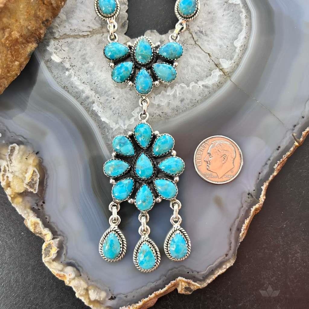 Sterling Silver Southwestern Style 25 Teardrop Turquoise Cluster 17" Necklace For Women