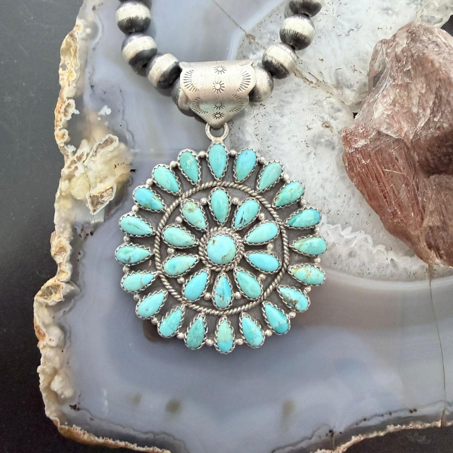Sterling Silver Southwestern Style Teardrop Blue Mohave Turquoise Round Cluster Pendant