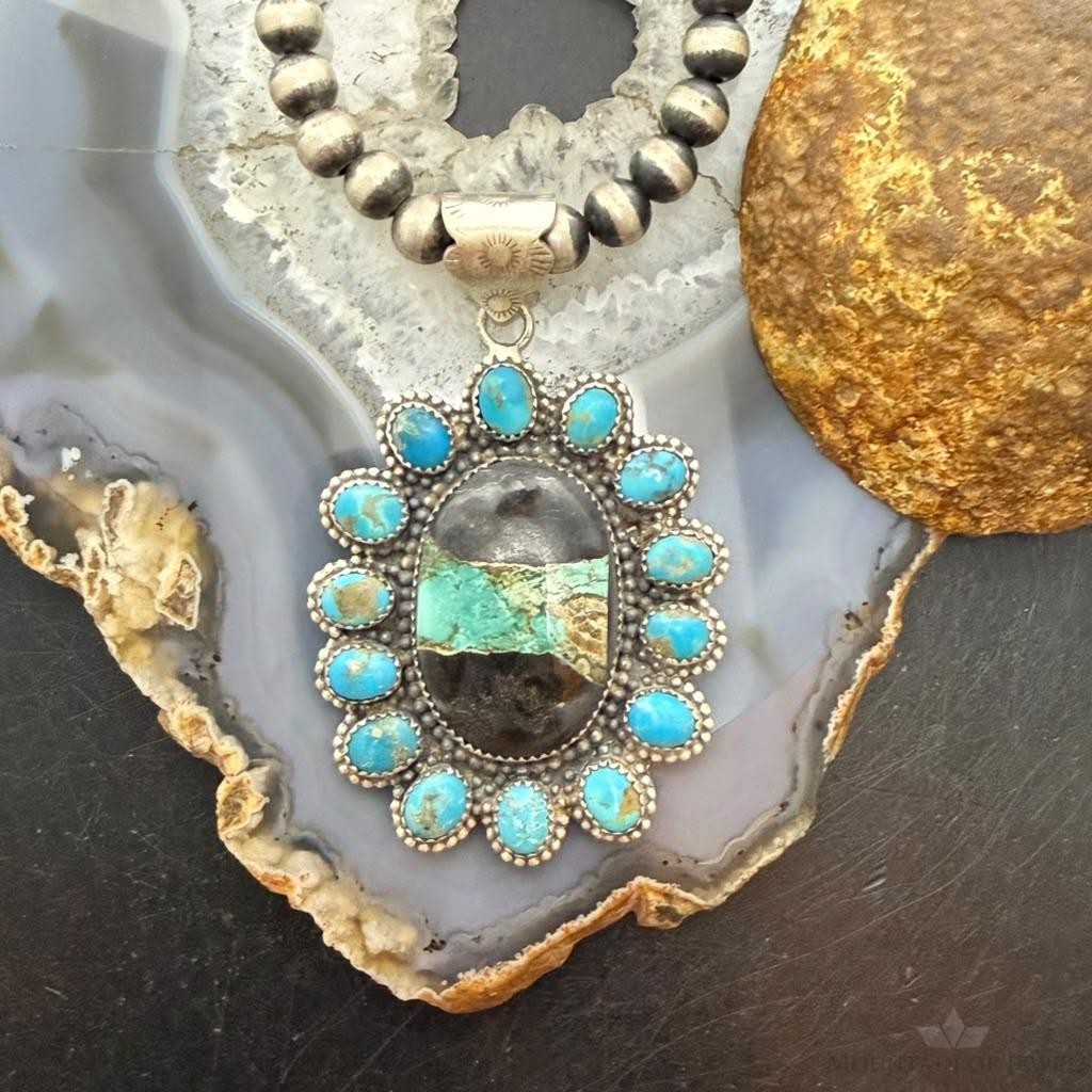 Sterling Silver Southwestern Style Oval Blackjack Turquoise Cluster Pendant For Women