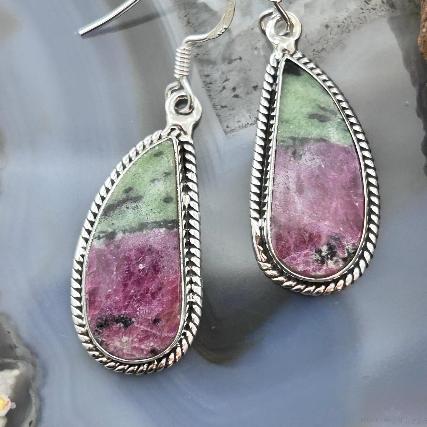 Sterling Silver Southwestern Style Paisley Ruby Zoisite Dangle Earrings For Women
