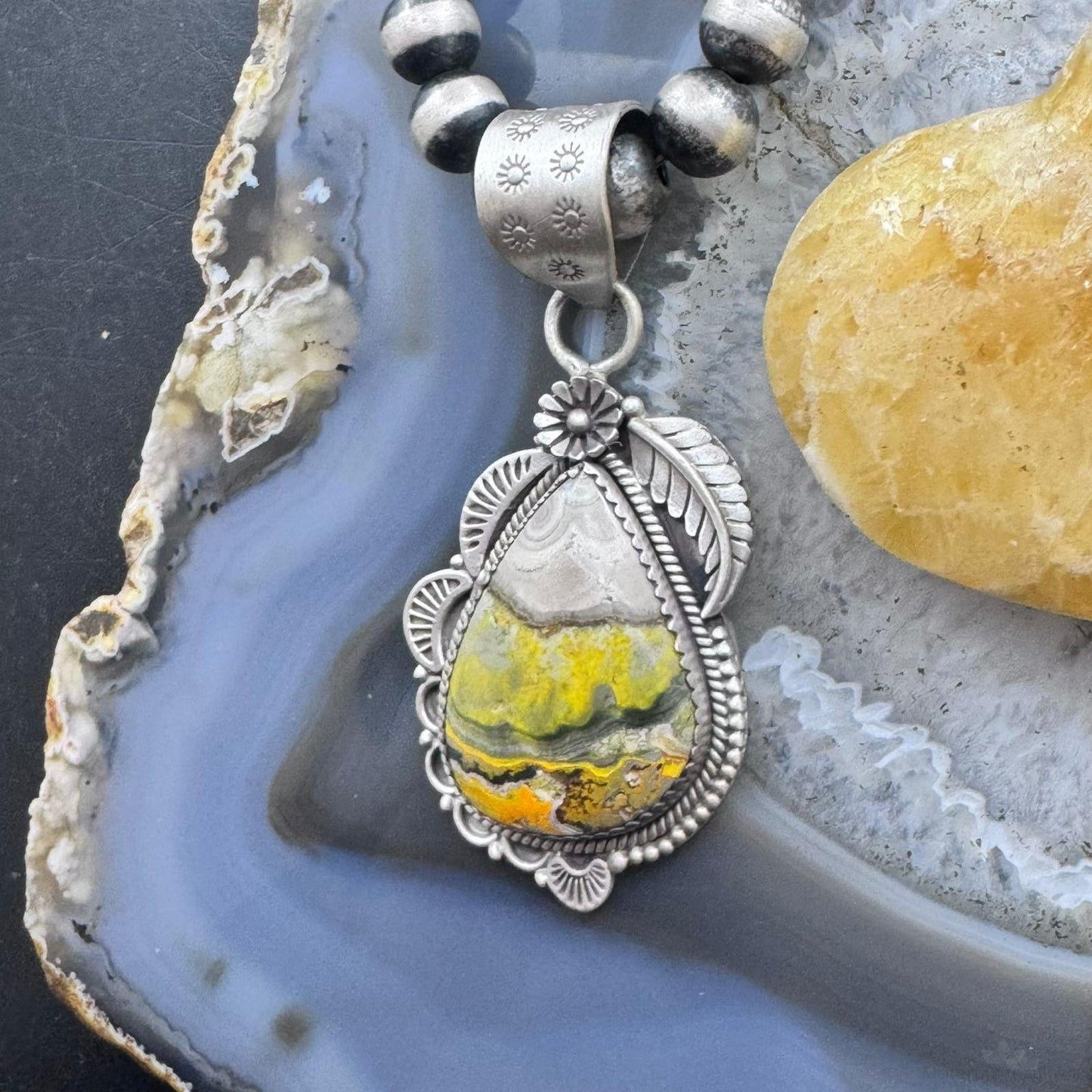 Sterling Silver Southwestern Style Teardrop Bumblebee Jasper Decorated Pendant For Women