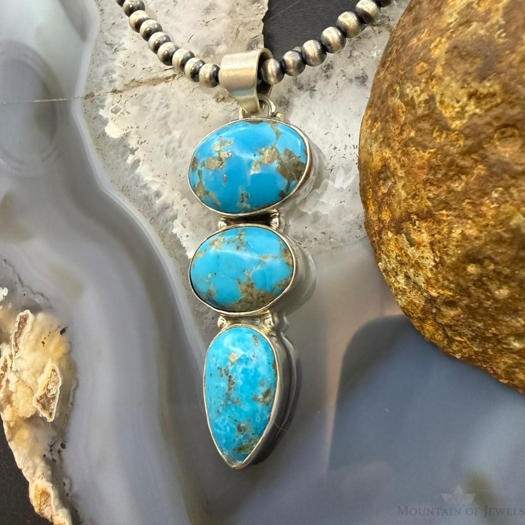 Sterling Silver Southwestern Style 3 Kingman Turquoise Pendant For Women #1