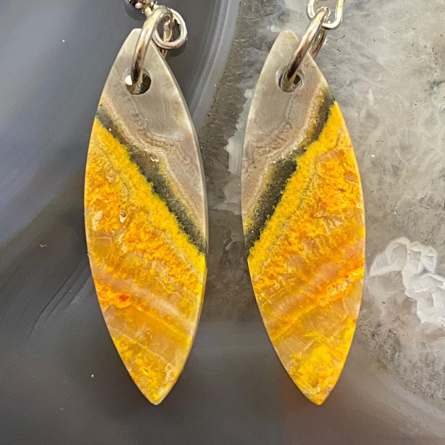 Sterling Silver Marquise Bumblebee Jasper Slab Dangle Earrings For Women #116