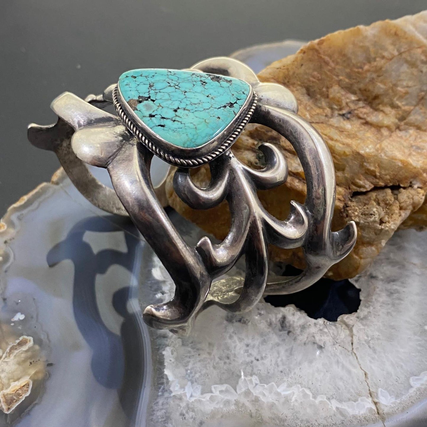 Vintage Native American Silver Sandcast Turquoise Wide Bracelet For Women