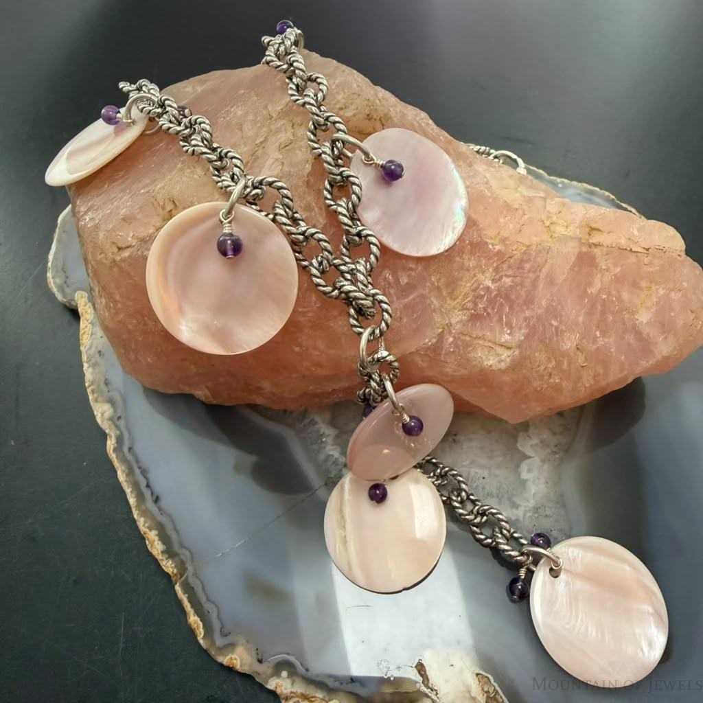 Carolyn Pollack Sterling Silver 7 MOP Disc, Amethyst Twisted Link Chain 20" Necklace For Women