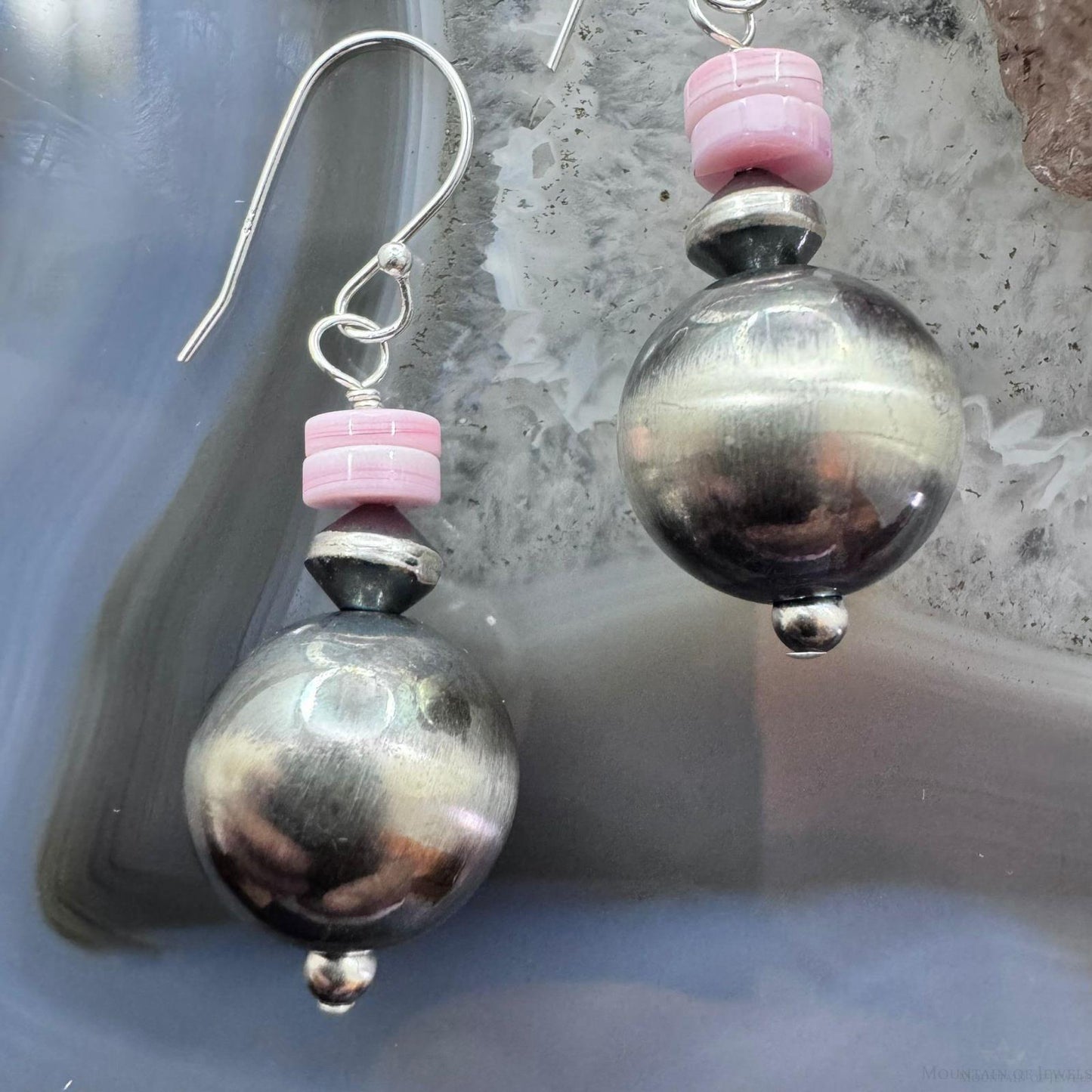 Native American Sterling Silver Navajo Pearl Bead Pink Conch Dangle Earrings For Women