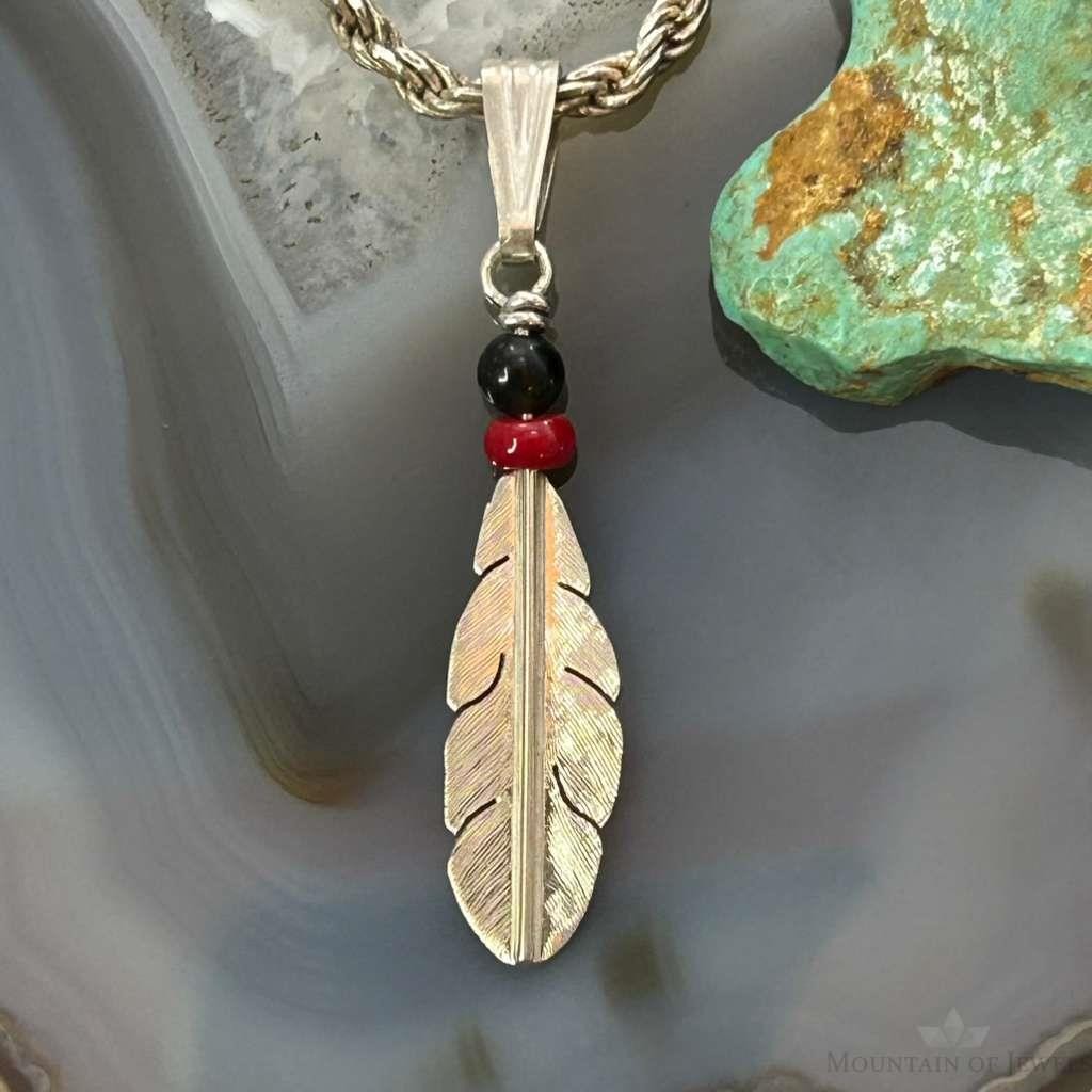 Anthony Gatewood Sterling Silver Onyx & Coral Beads Feather Pendant For Women