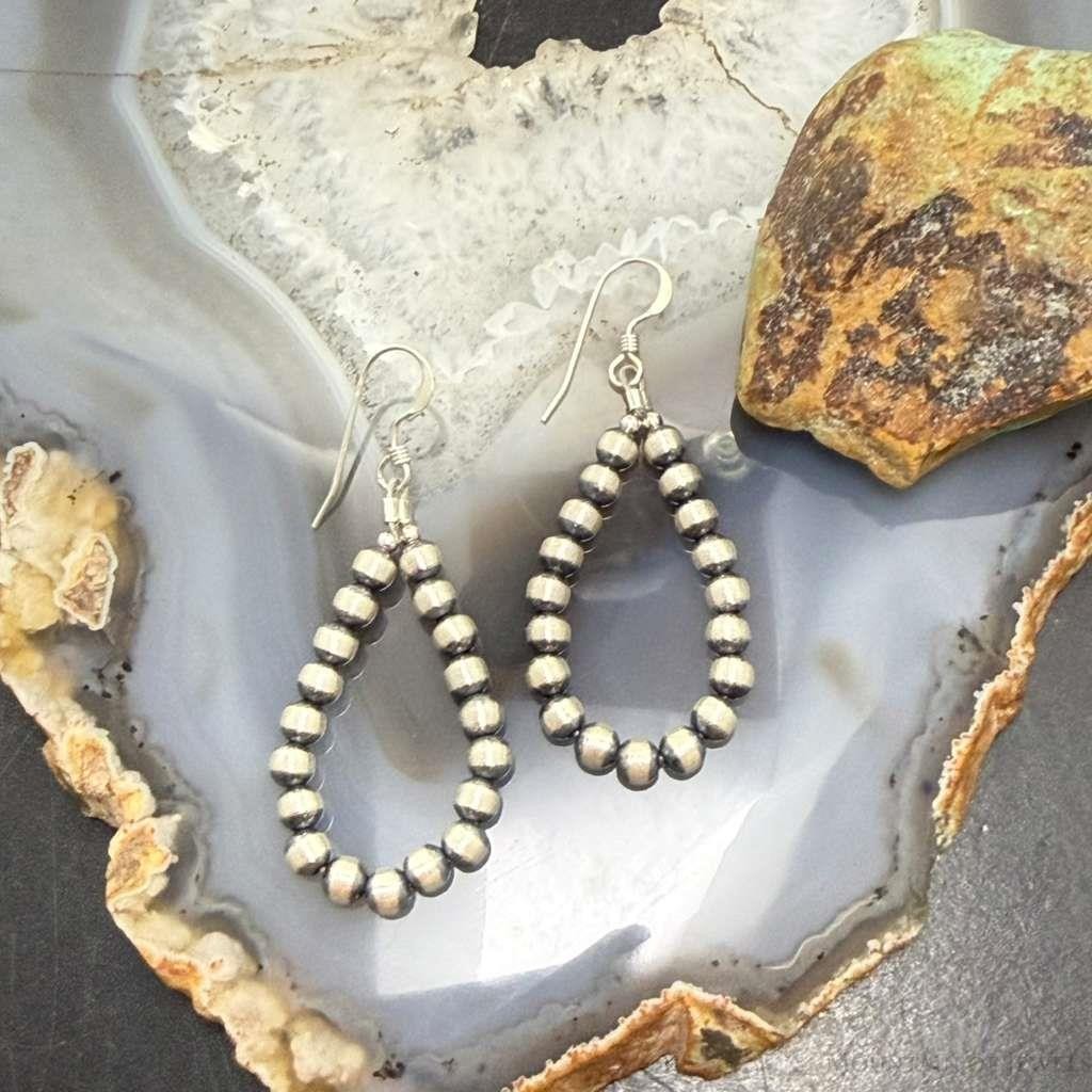 Sterling Silver Southwestern Style 4mm Navajo Pearl Bead Hoop Earrings For Women