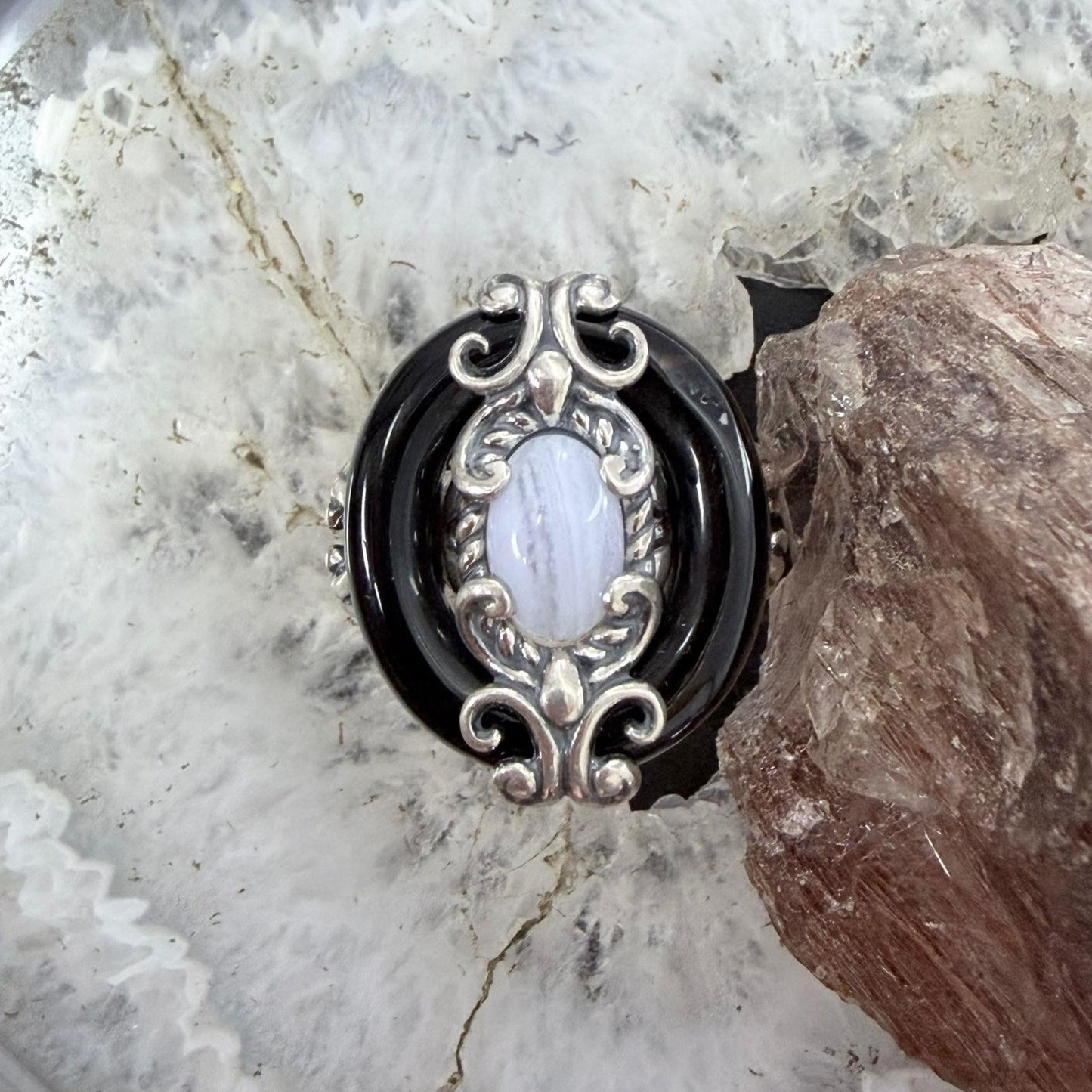 Carolyn Pollack Sterling Silver Black Agate & Blue Lace Agate Ring Size 8.25 For Women