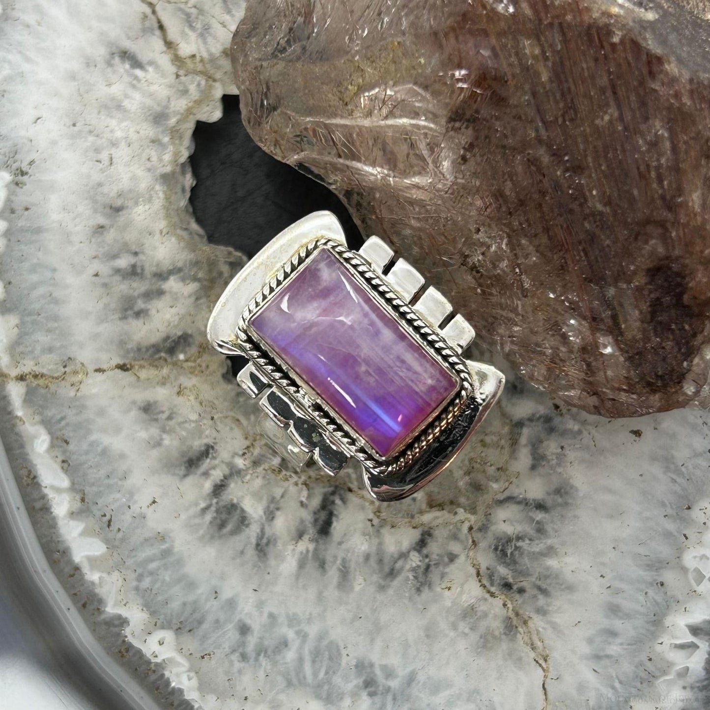 Sterling Silver Southwestern Style Pink Rainbow Decorated Bar Ring Size 7.75 For Women