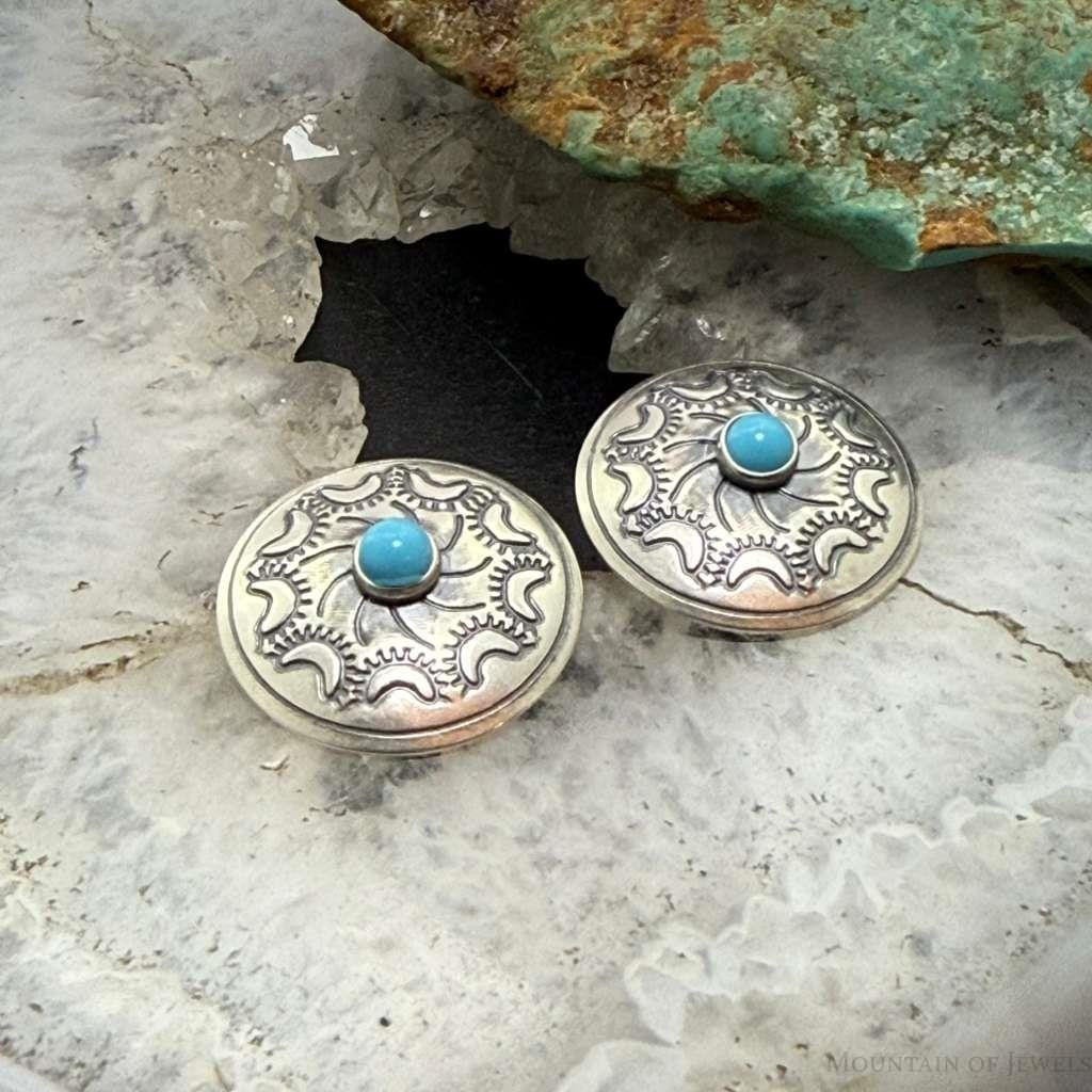 Native American Sterling Silver Stamped Rounded Concho w/Turquoise Stud Earrings For Women