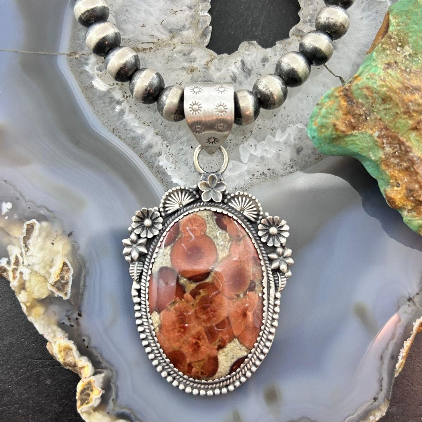Sterling Silver Southwestern Style Oval Peanut Obsidian Decorated Pendant For Women