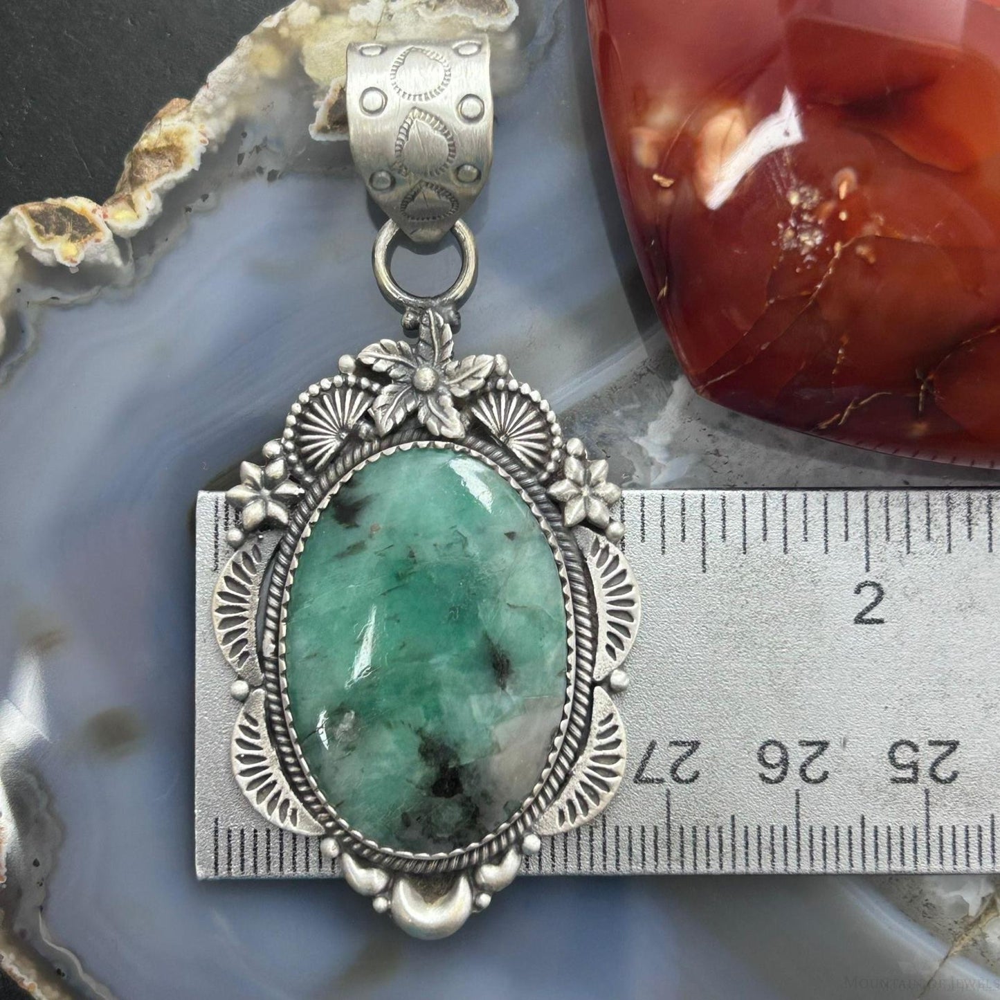 Sterling Silver Southwestern Style Oval Emerald Decorated Pendant For Women