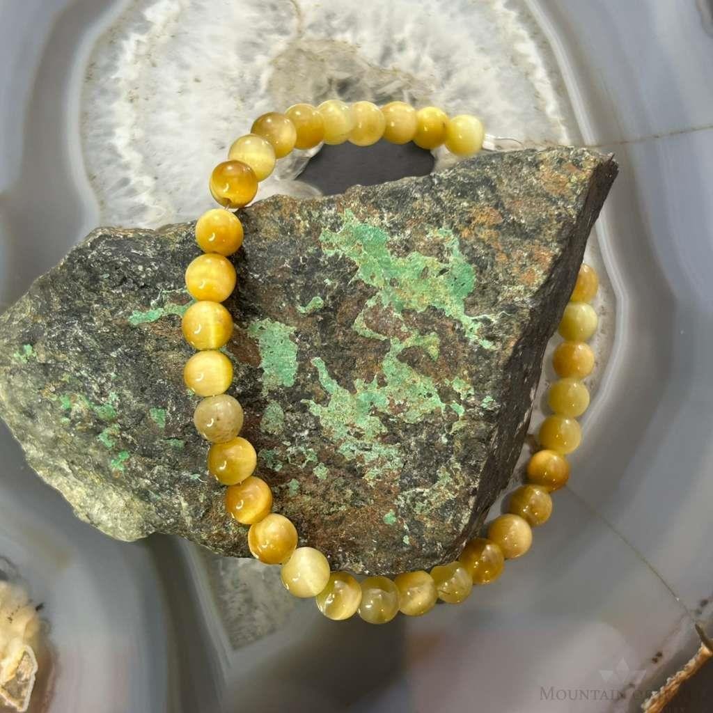 Sterling Silver 6mm Gold Tiger's Eye Beads Bracelet For Women