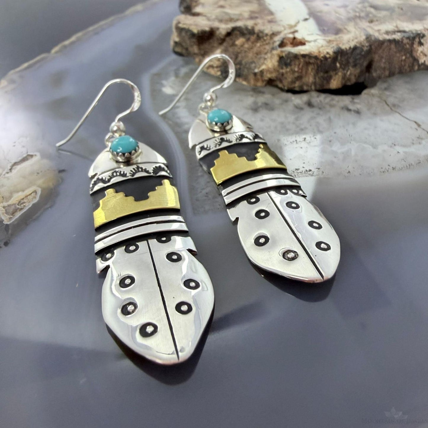 Tommy & Rosita Singer Sterling Silver & GF w/Turquoise Dot Stamped Dangle Earrings For Women