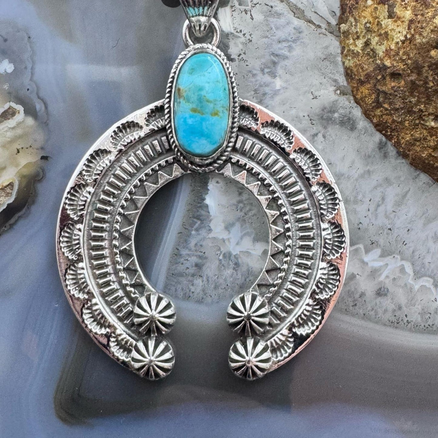 Sterling Silver Southwestern Style Oval Turquoise Decorated Unisex Naja Pendant