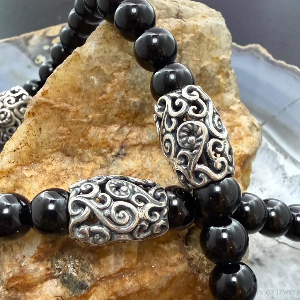 Carolyn Pollack Sterling Silver Swirl Beads & Onyx Beads Magnetic Clasp Necklace For Women