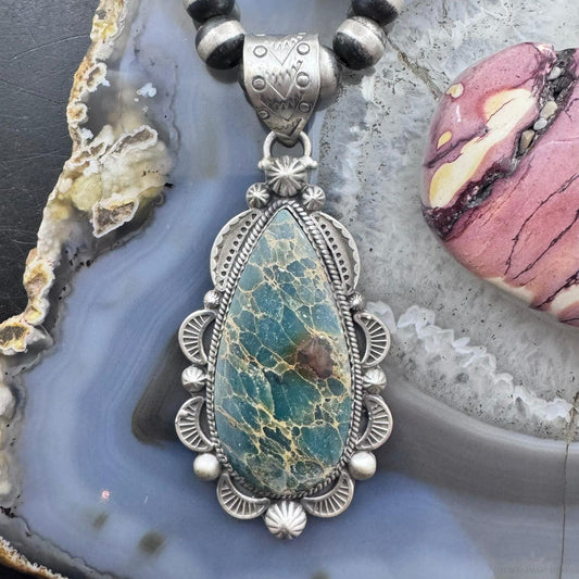 Sterling Silver Southwestern Style Elongated Teardrop Sediment Jasper Decorated Pendant For Women