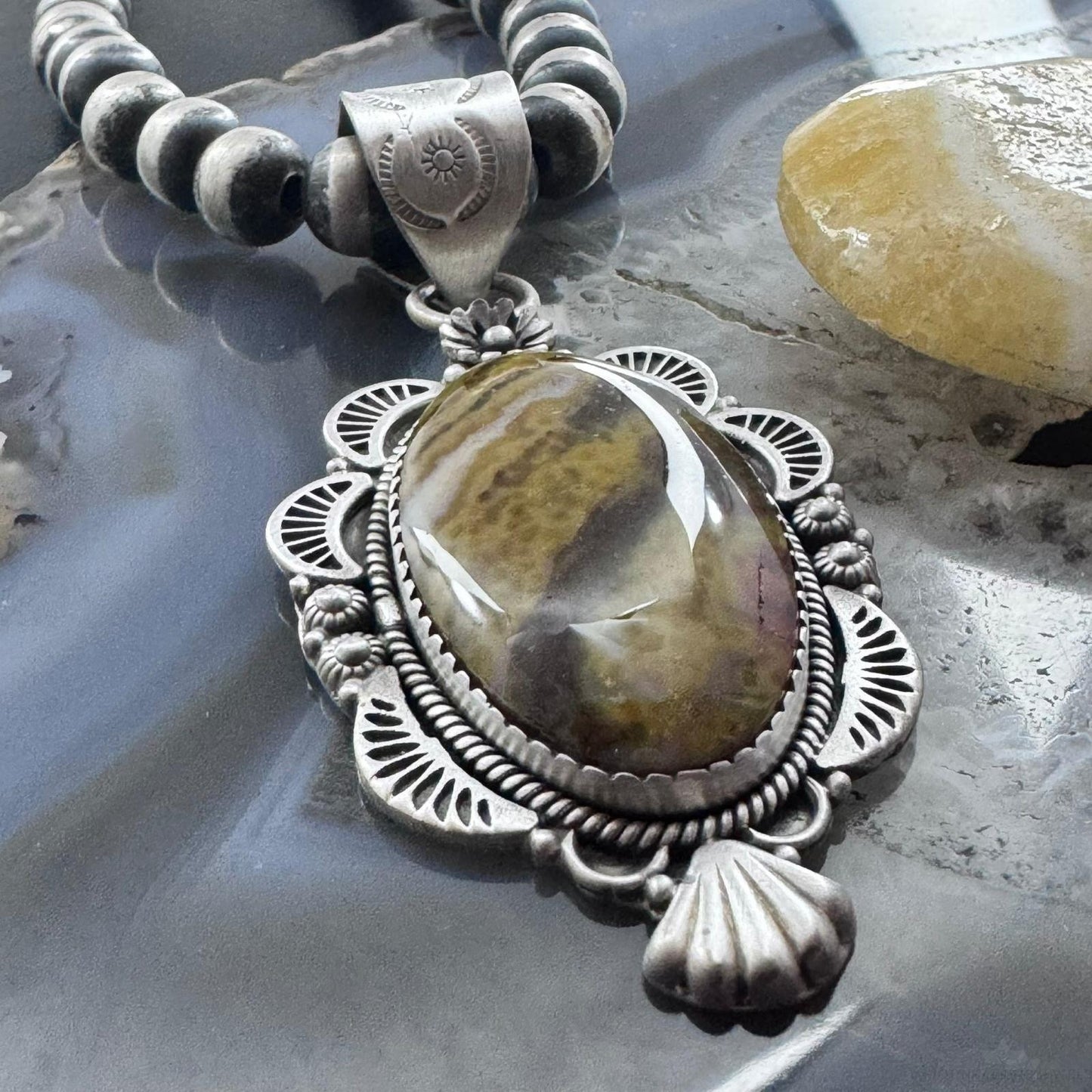 Sterling Silver Southwestern Style Elongated Oval River Jasper Pendant For Women