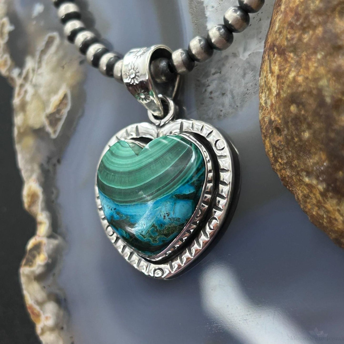 Sterling Silver Southwestern Style Azurite Malachite Heart Decorated Pendant For Women