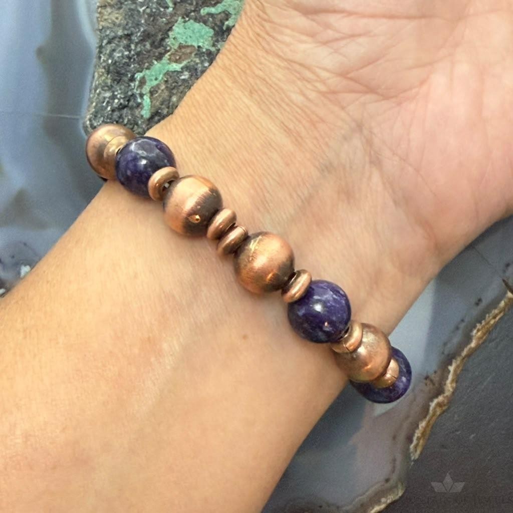 Southwestern Style Copper 10mm Navajo Pearl Beads&10mm Charoite Stretch Bracelet For Women