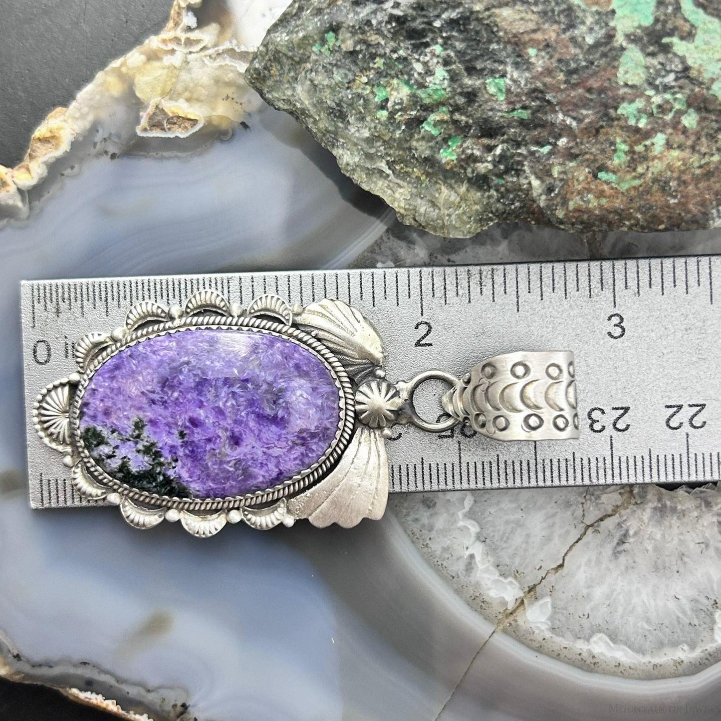 Sterling Silver Southwestern Style Oval Charoite Decorated Pendant For Women #1