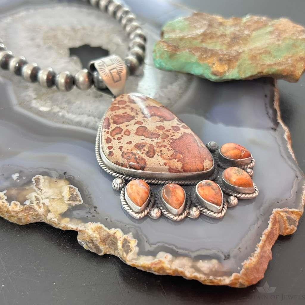 Sterling Silver Southwestern Style Picture Jasper & Spiny Oyster Pendant For Women