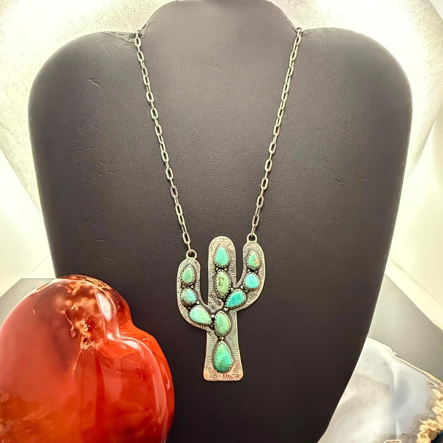 Sterling Southwestern Style Kingman Turquoise Cactus Pendant 22.5" Necklace
