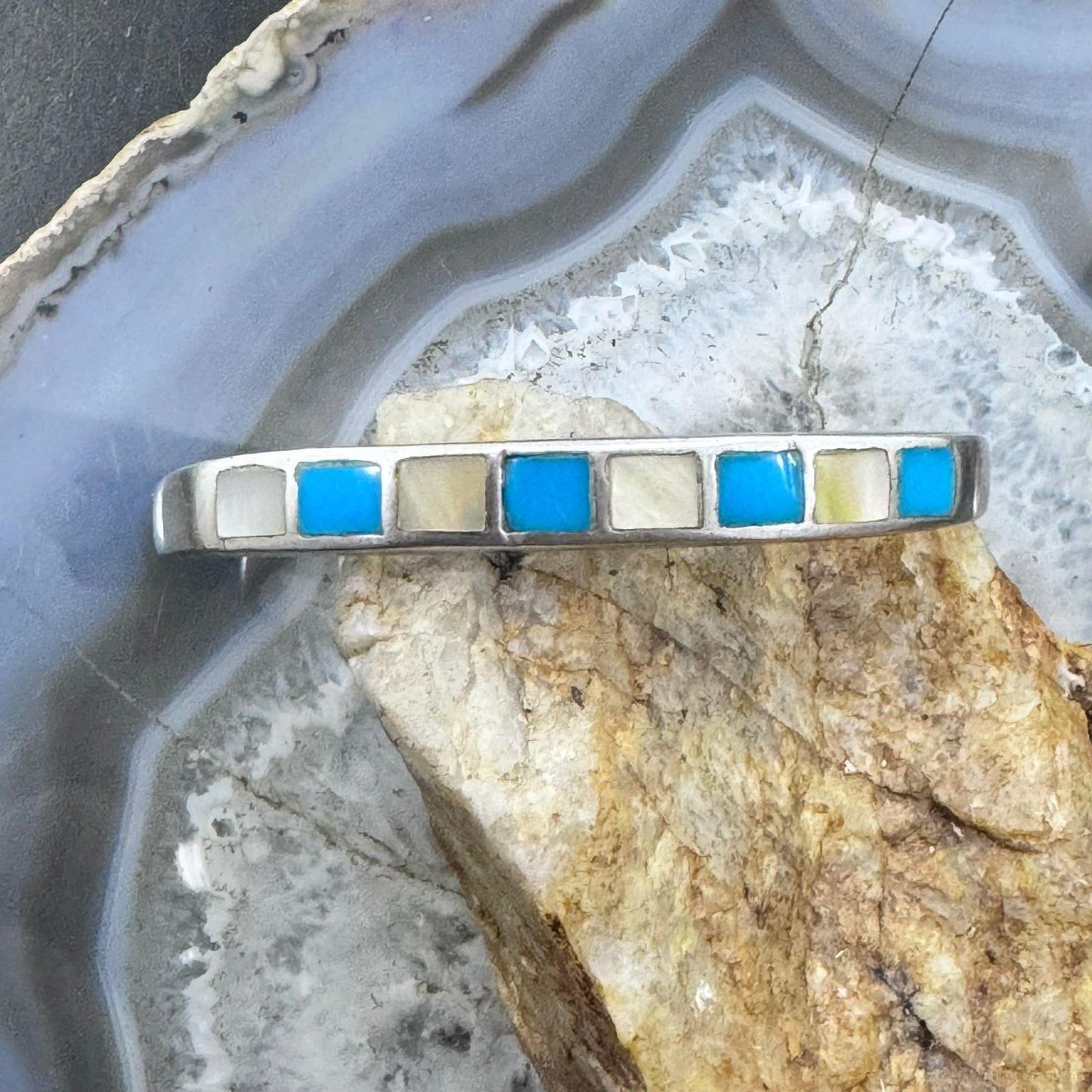 Vintage Native American Silver Turquoise & Mother of Pearl Inlay Bracelet For Women