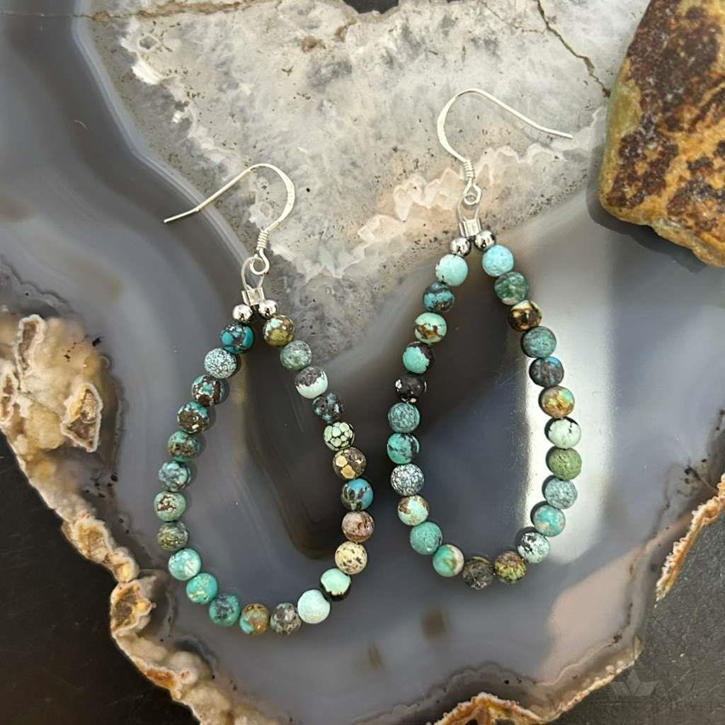 Sterling Silver Rounded Various Turquoise Beads Hoop Dangle Earrings For Women