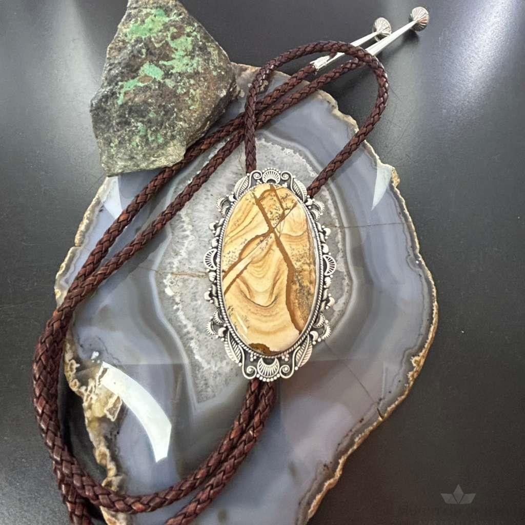 Sterling Silver Southwestern Style Oval Picture Jasper Decorated Bolo Tie For Men
