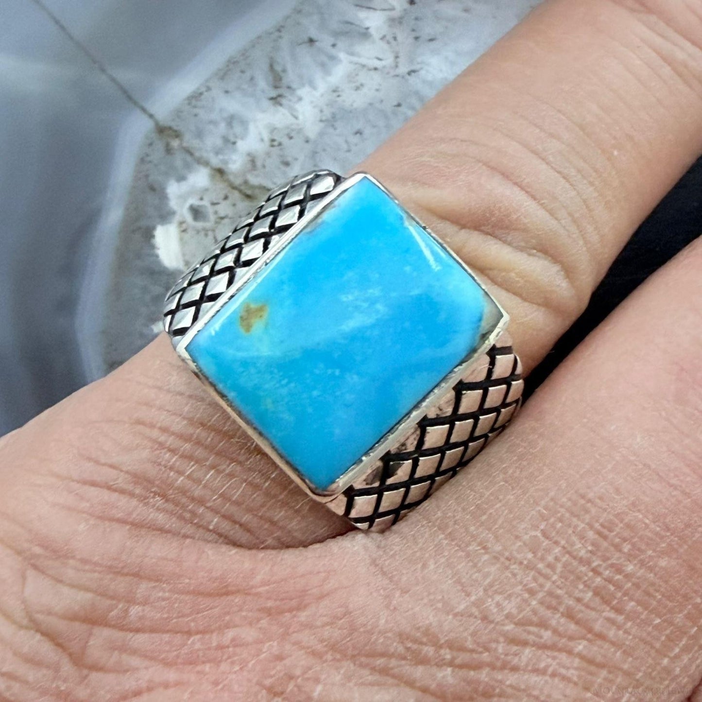 Native American Sterling Silver Rectangle Kingman Turquoise Decorated Ring Size 10 For Men