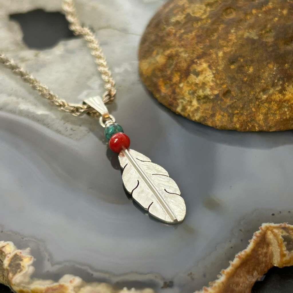 Anthony Gatewood Sterling Silver Turquoise & Coral Beads Feather Pendant For Women