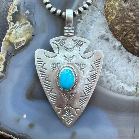 Native American Sterling Silver Stamped Arrowhead w/Turquoise Unisex Pendant #1