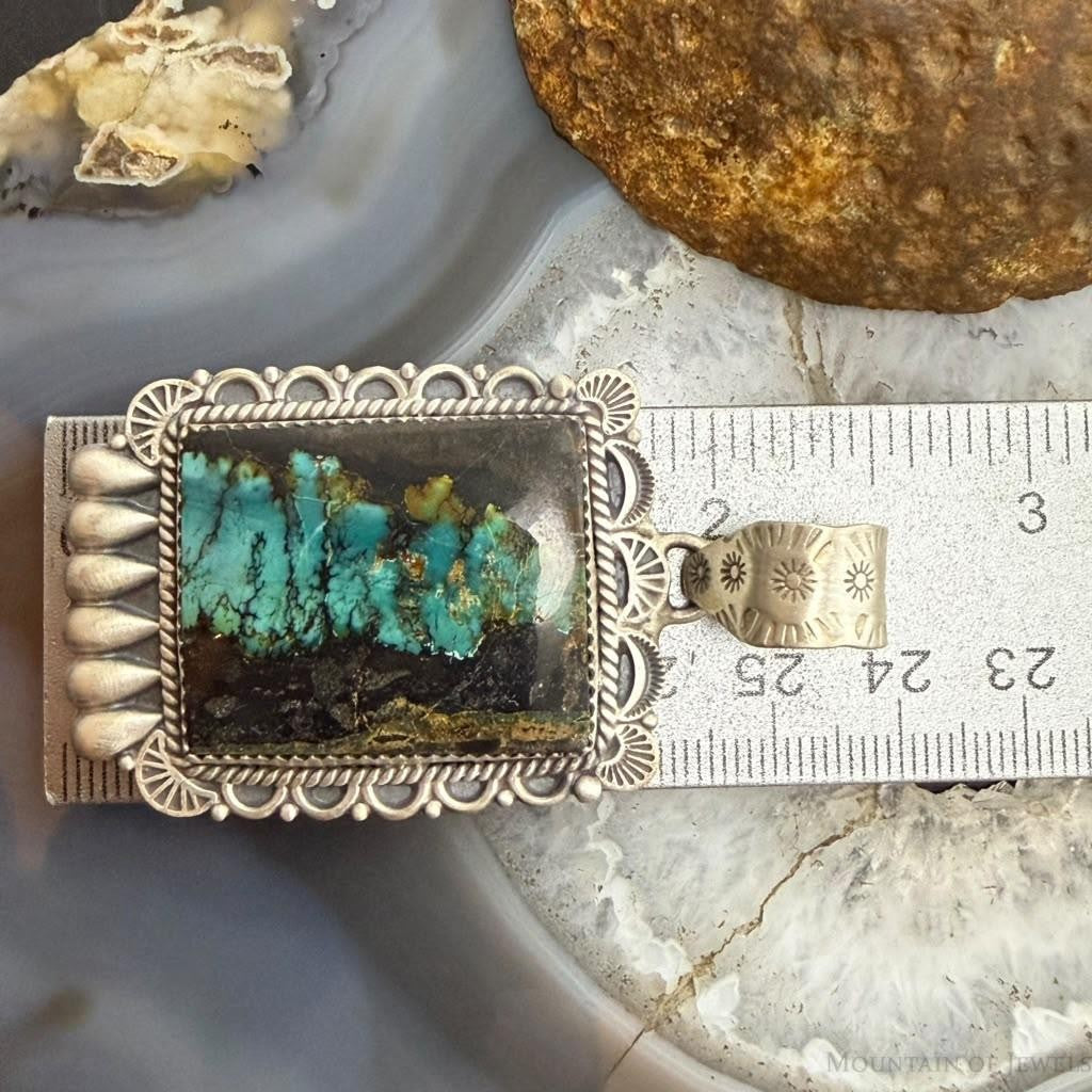 Sterling Silver Southwestern Style Rectangle Blackjack Turquoise Decorated Pendant #3
