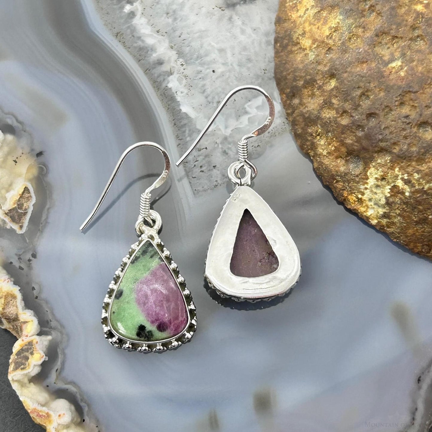 Sterling Silver Southwestern Style Teardrop Ruby Zoisite Dangle Earrings For Women