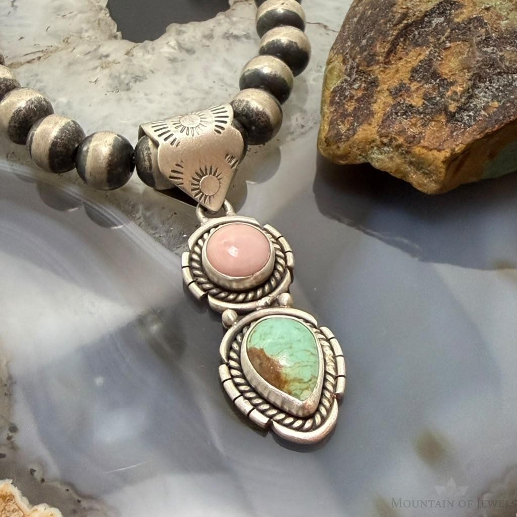 Sterling Silver Southwestern Style Pink Conch & Turquoise Pendant For Women
