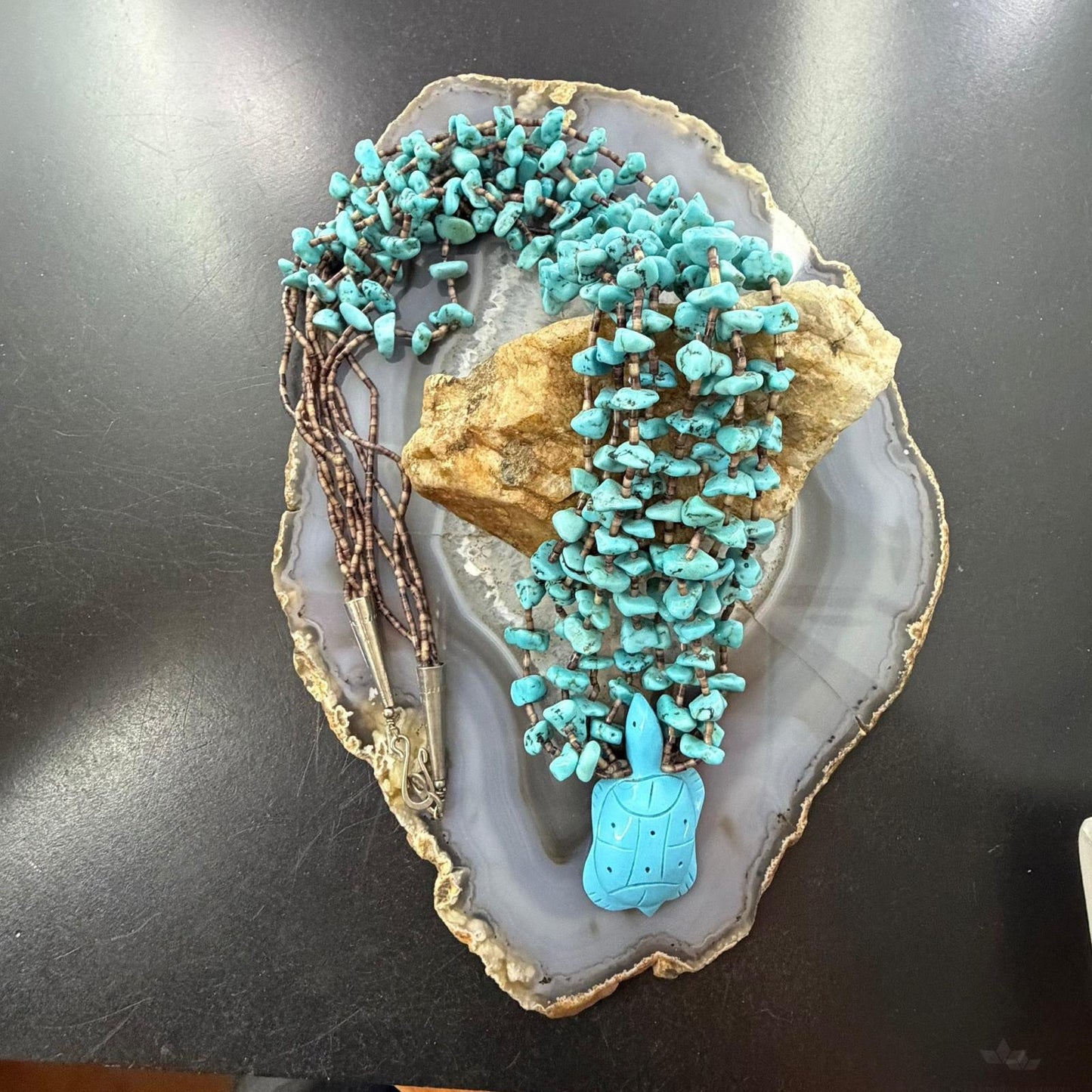 Vintage Native American 4 Starnds Turquoise & Brown Shell Beads w/Curved Turtle Necklace For Women