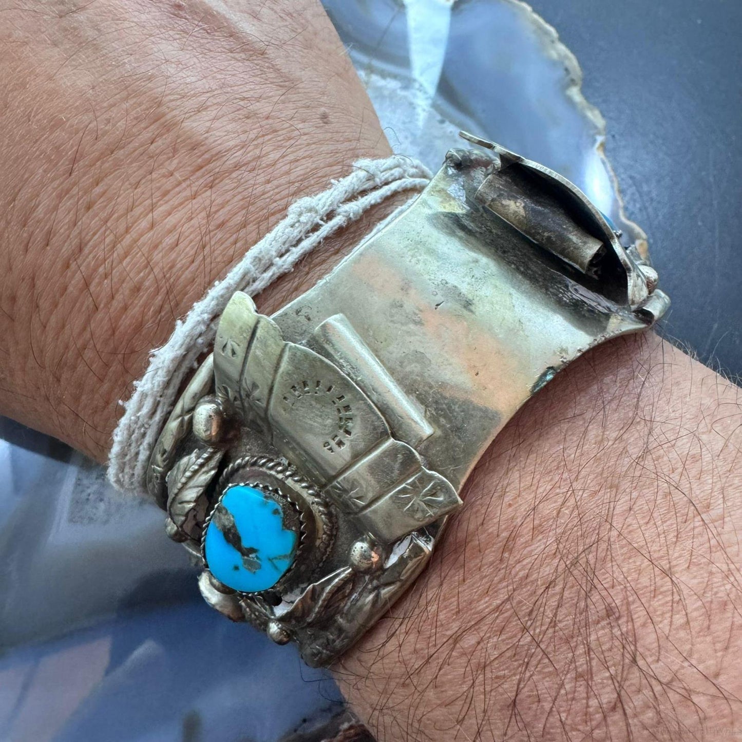 Vintage Signed Native American Sterling Silver 4 Kingman Turquoise Watch Cuff For Men