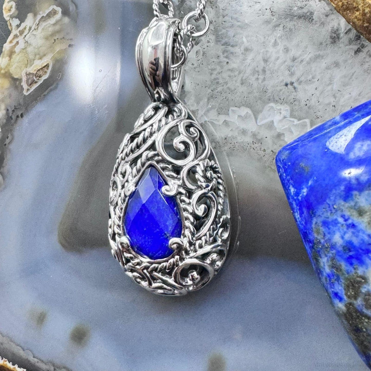 Carolyn Pollack Sterling Silver Pear Lapis & Clear Quartz Doublet Pendant W/Necklace For Women