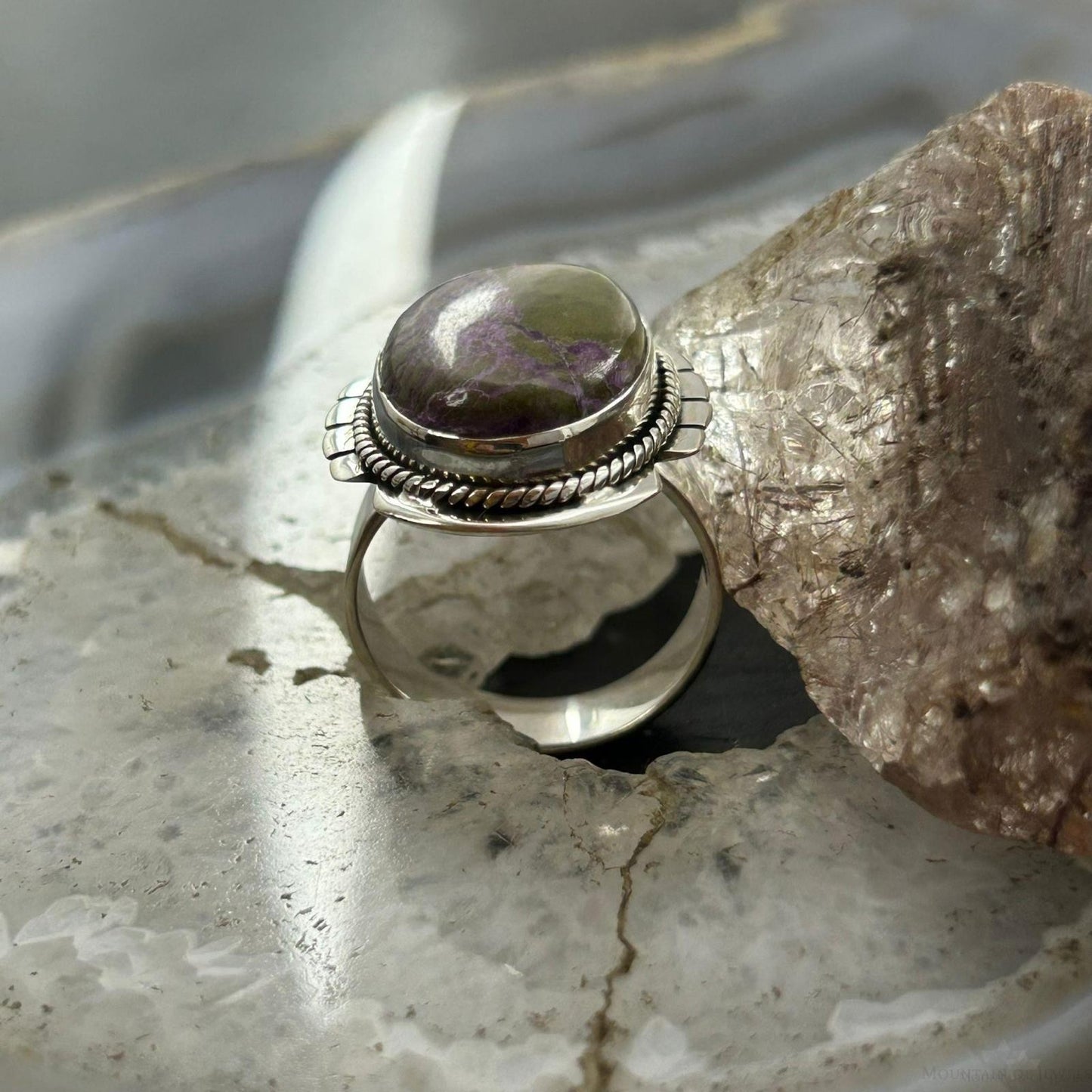 Sterling Silver Southwestern Style Oval Stichtite Decorated Ring Size 8.5 For Women