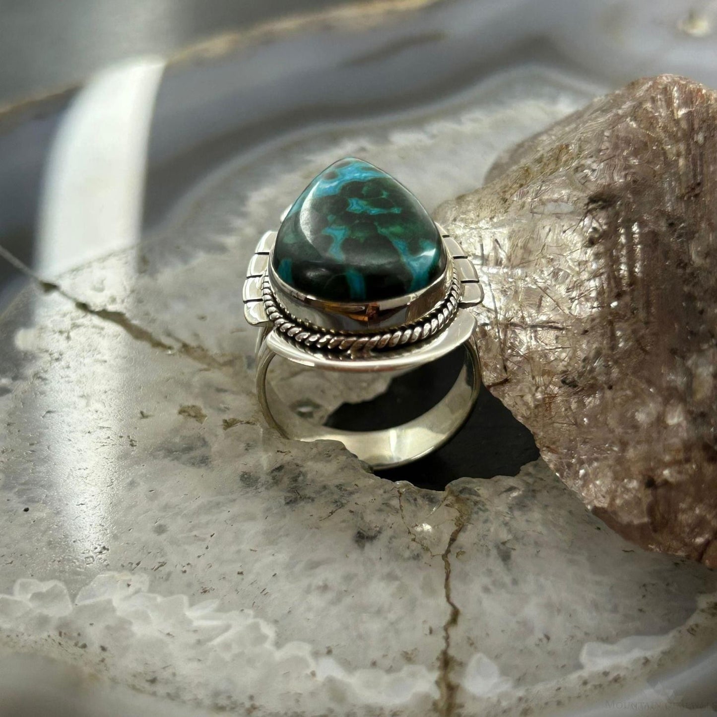 Sterling Silver Southwestern Style Teardrop Malachite Chrysocolla Ring Size 9 For Women