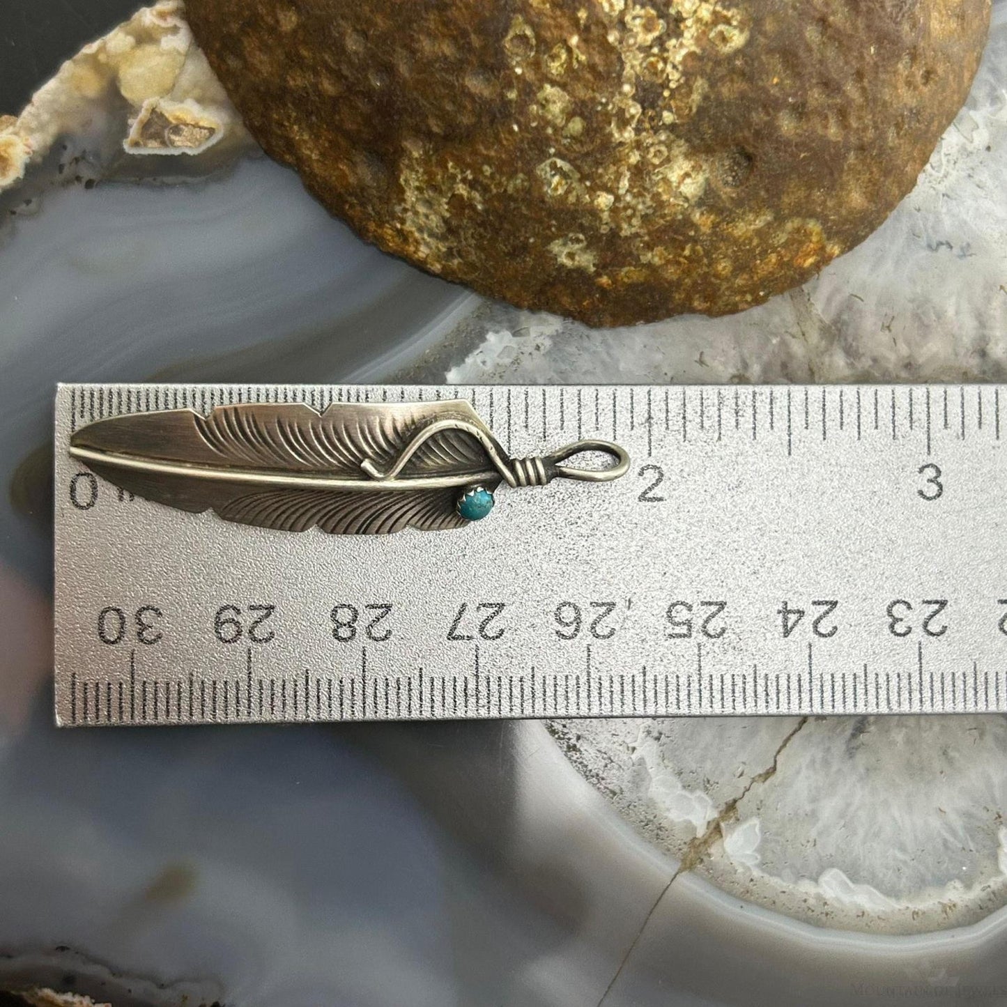 Chris Charley Native American Sterling Turquoise Dot Feather Unisex Pendant