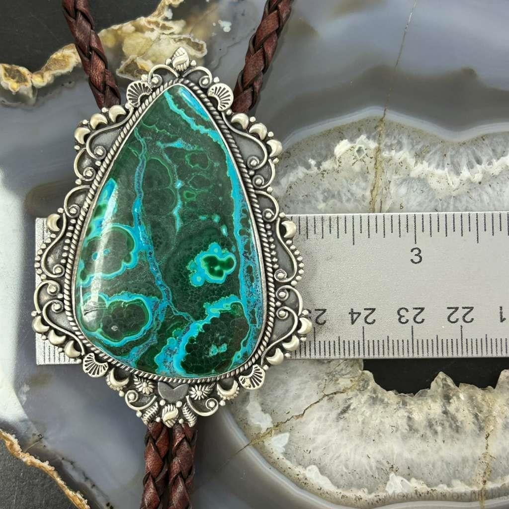 Sterling Silver Southwestern Style Large Azurite Malachite Decorated Bolo Tie For Men
