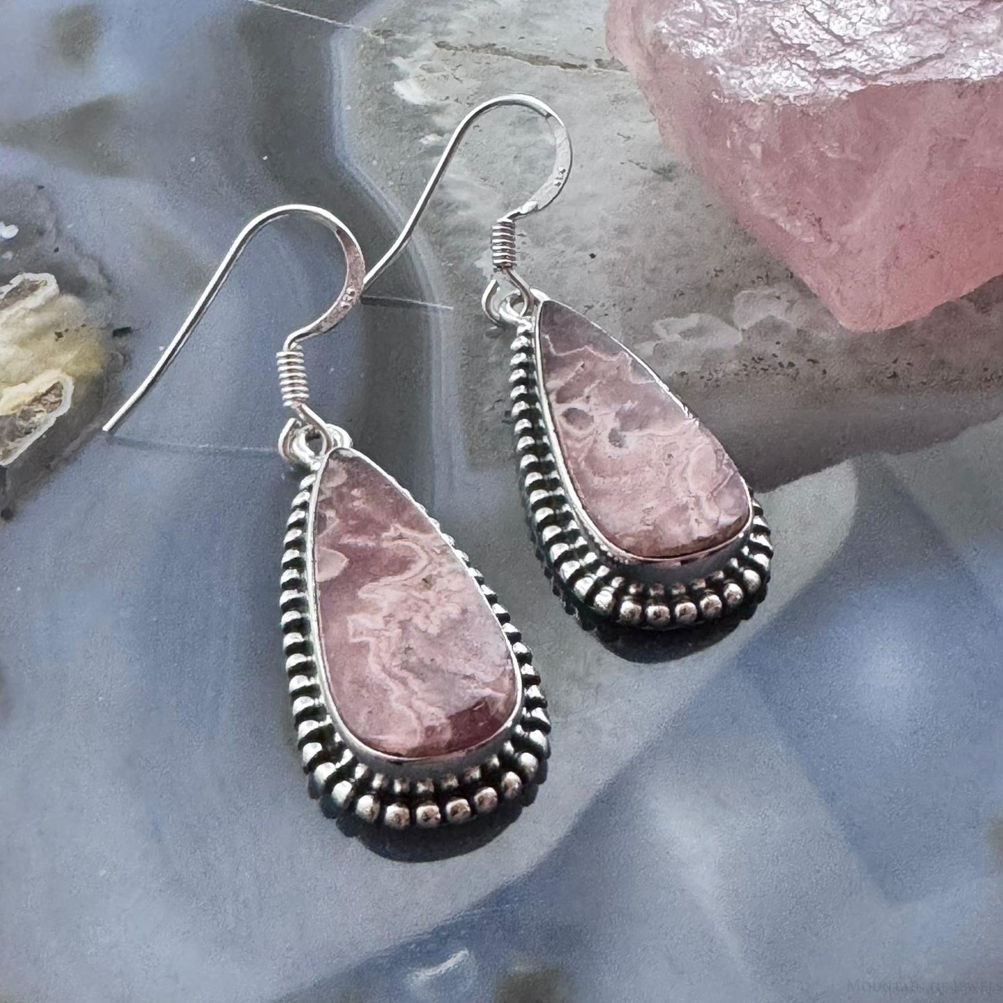 Sterling Southwestern Style Teardrop Rhodochrosite Dangle Earrings For Women