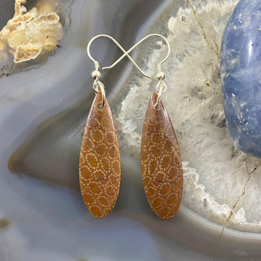 Sterling Silver Teardrop Fossilized Coral Slab Dangle Earrings For Women #052