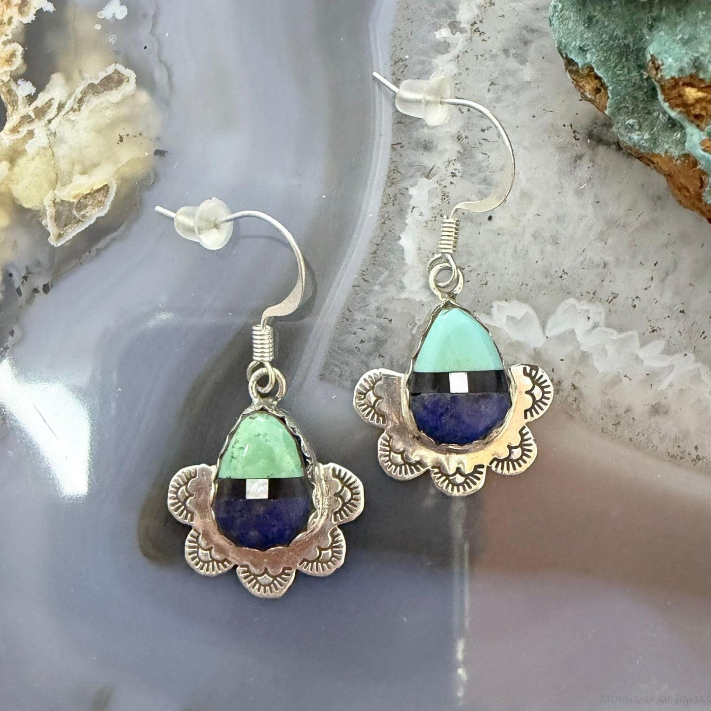 Clifton Aguilar Sterling Silver Teardrop Multistone Inlay Dangle Earrings For Women