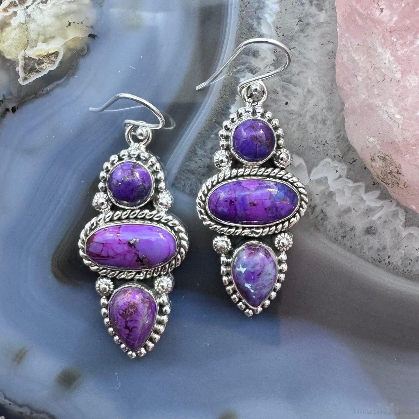Sterling Silver Southwestern Style 3 Purple Dahlia Decorated Dangle Earrings For Women