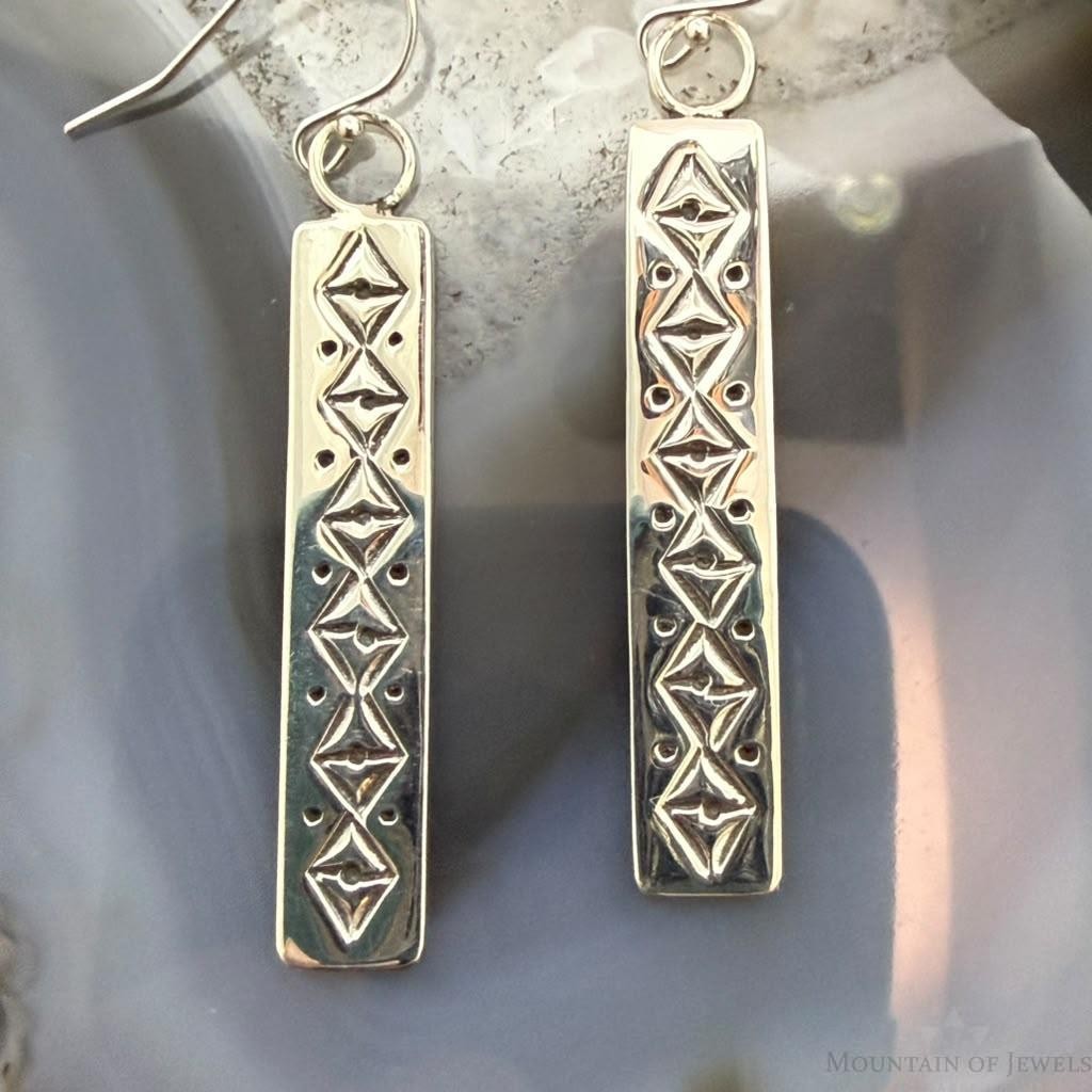 Michael Nez Native American Sterling Stamped Rectangle Dangle Earrings For Women