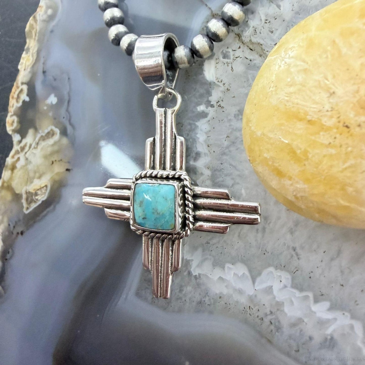 Sterling Silver Southwestern Style Square Mohave Turquoise Unisex Zia Pendant